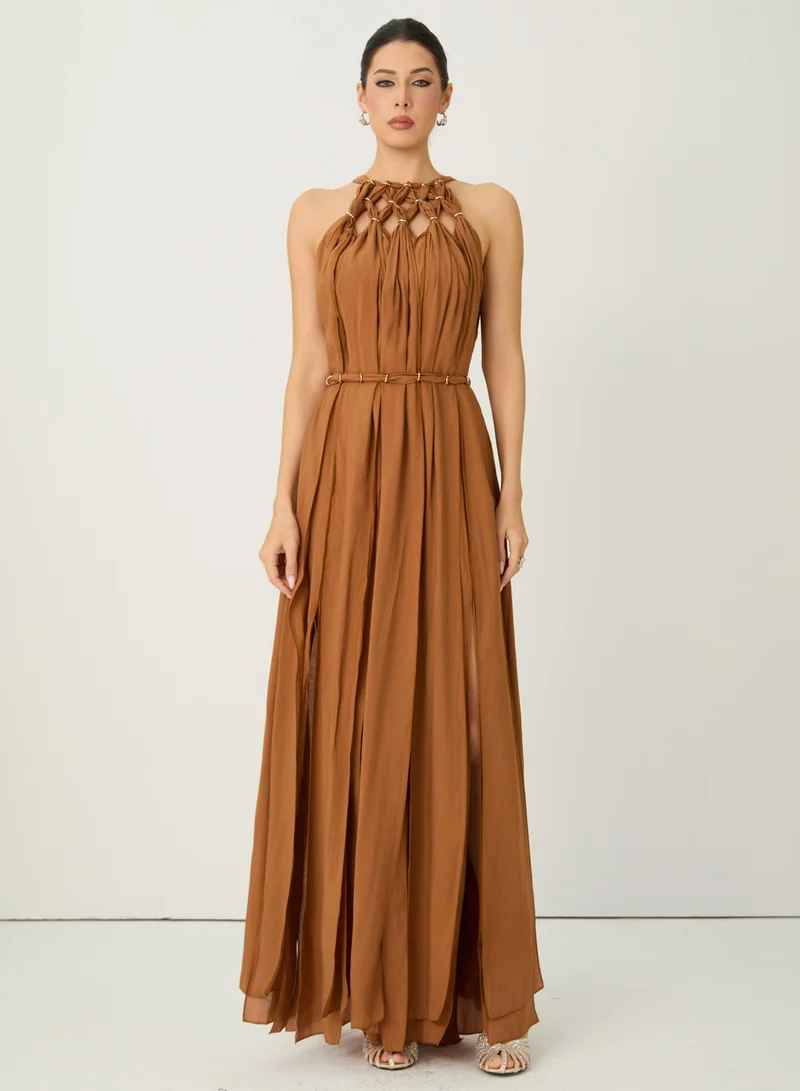 سنفير Style Unlocked Brown Knotted Draped Maxi Dress