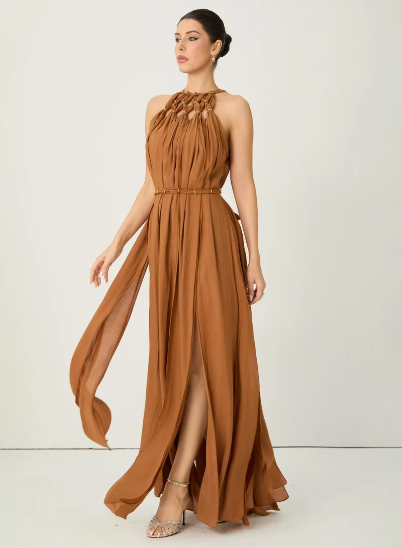 سنفير Style Unlocked Brown Knotted Draped Maxi Dress