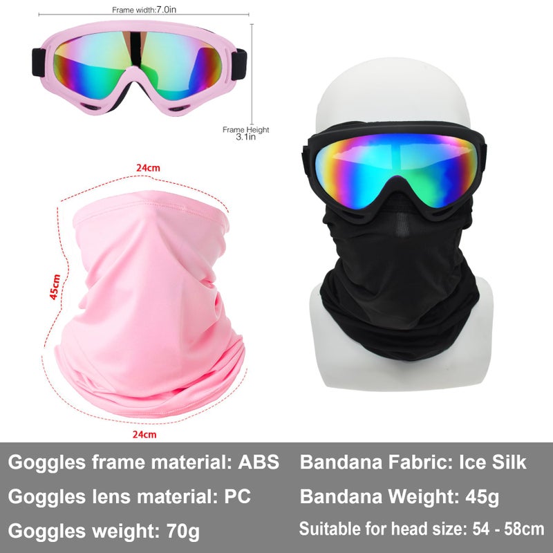 LJDJ Motorcycle Goggles,2 Pack Dirt Bike ATV Motocross Riding Hiking Protective with 2 Pack Neck Breathable Bandana Mask (Light pink + Black/Colorful) - Image 2
