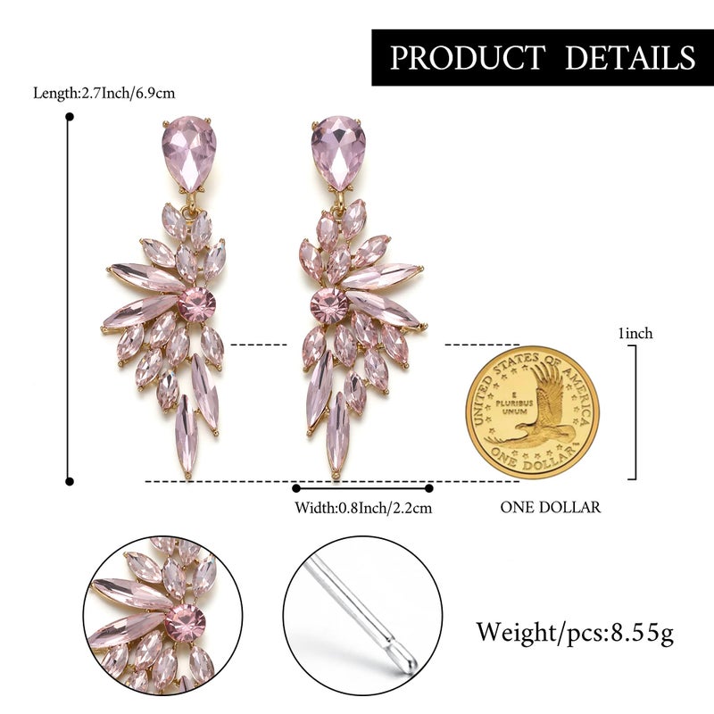 BriLove Statement Long Wedding Crystal Teardrop Multi Marquise Cluster Bling Dangle Earrings for Women Pink - Image 5