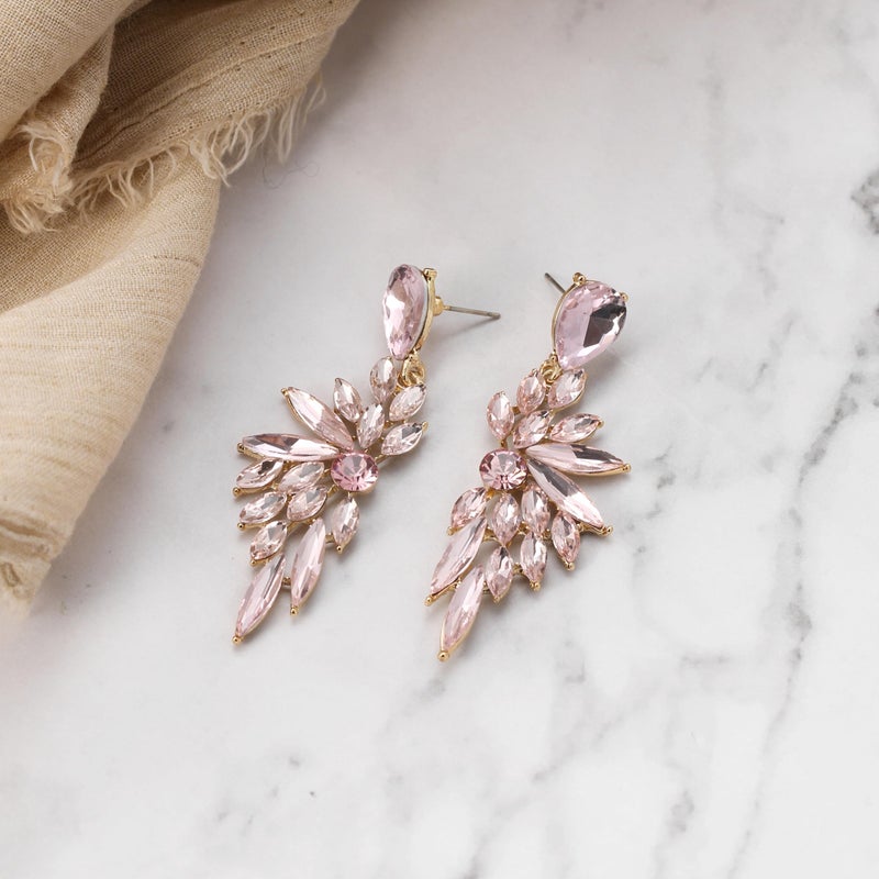 BriLove Statement Long Wedding Crystal Teardrop Multi Marquise Cluster Bling Dangle Earrings for Women Pink - Image 4