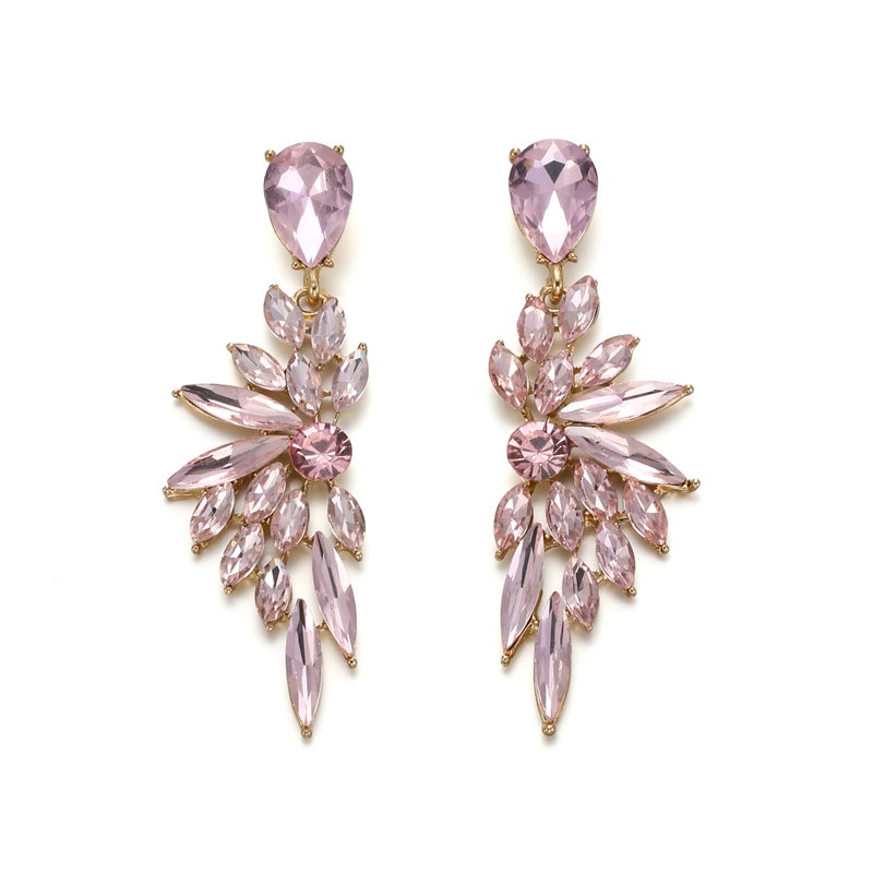 BriLove Statement Long Wedding Crystal Teardrop Multi Marquise Cluster Bling Dangle Earrings for Women Pink - Image 1