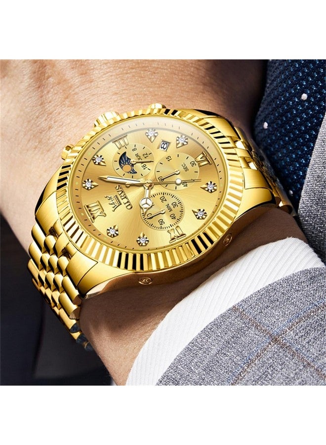 OLEVS Watch for Men Analog Quartz Stainless Steel Moon Phase Calendar Chronograph Diamond Watches Waterproof Wrist Watch Luminous Gold - Image 4