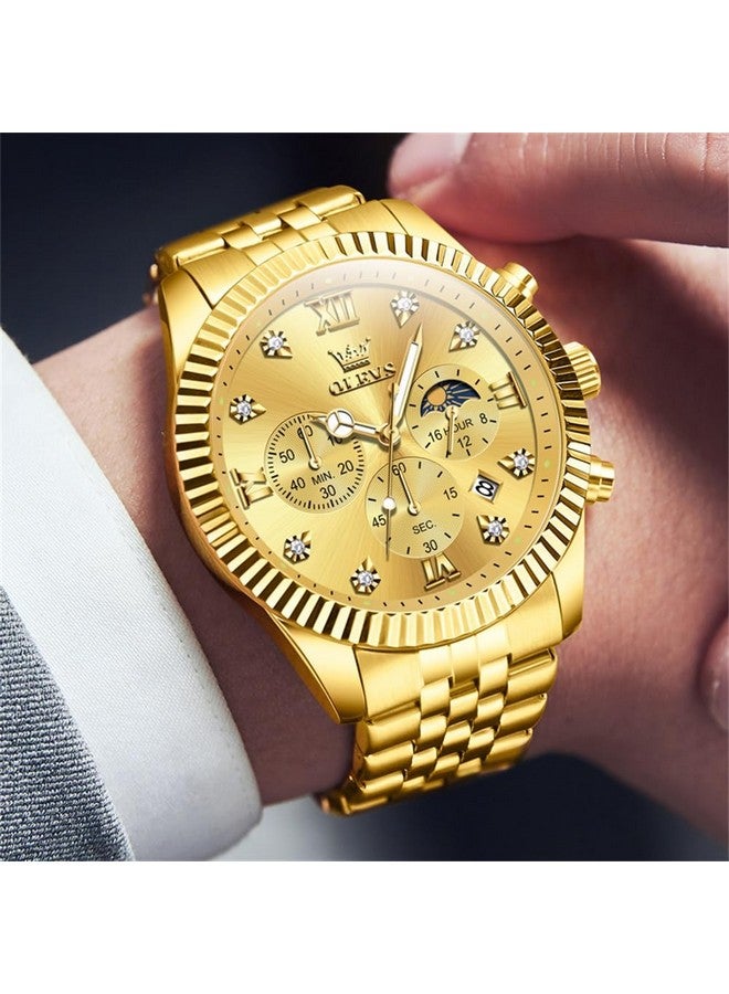 OLEVS Watch for Men Analog Quartz Stainless Steel Moon Phase Calendar Chronograph Diamond Watches Waterproof Wrist Watch Luminous Gold - Image 2