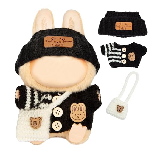 CHICHO 17cm Doll Outfits for Labubu Kawaii Chic Style Set for 17cm Dolls Cute Doll Clothes with Accessories Button Up Stripe Black Sweater Black Hat White Bag Clothes Only - Image 1