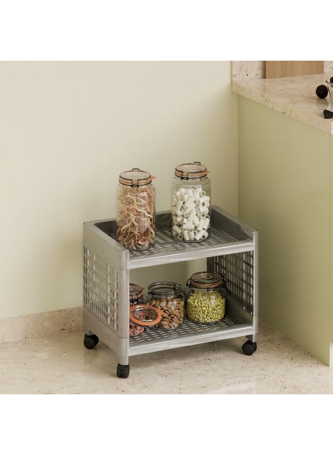 Biltoxi Plastic Multipurpose Storage Organizer With 2 Shelves for Home, Kitchen, Bathroom | Kitchen Trolley With Wheels (Silver) - Image 1