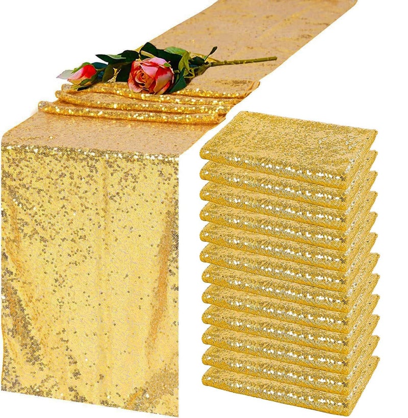 TCBESTO Gold Sequin Table Runner 12x 108 12 Pack Sparkly Table Runner Glitter Table Cloth Runner for Party Reception Event Bridal Birthday Wedding
