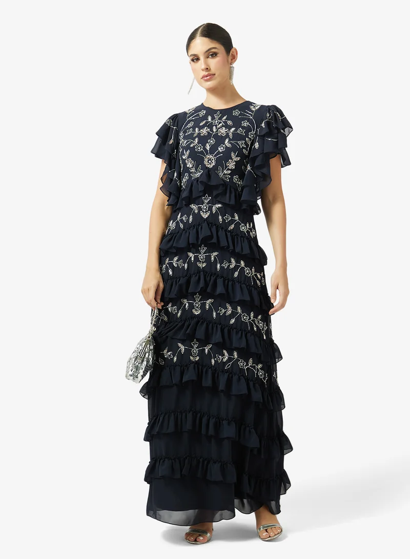 Frock And Frill  Ruffle Sequin Short Sleeve Maxi Dress for Women | Best Price UAE