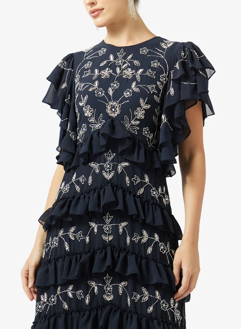 Frock And Frill  Ruffle Sequin Short Sleeve Maxi Dress for Women | Best Price UAE