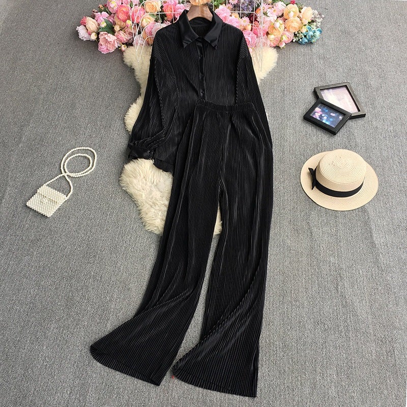 Chic Loose Pleated Shirt Trouser Set Black