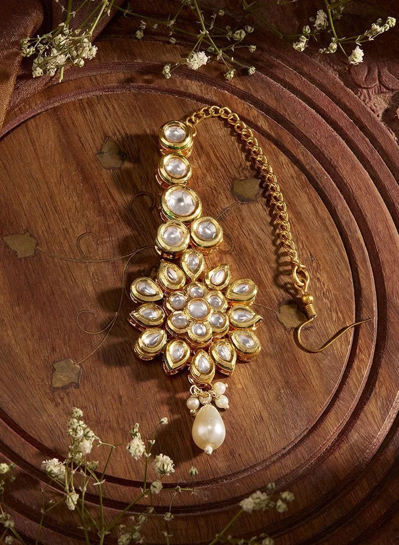 Priyaasi Kundan Studded  Pearl Beaded Flower Design Maang Tikka