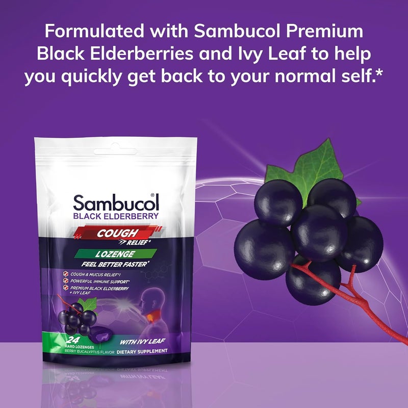 Sambucol Black Elderberry Cough Relief Lozenges  Cough Drops for Adults Sambucus Elderberry Lozenges with Ivy Leaf Cough  Mucus Relief Immune Support Berry Eucalyptus  24 Count 3 Pack - Image 4