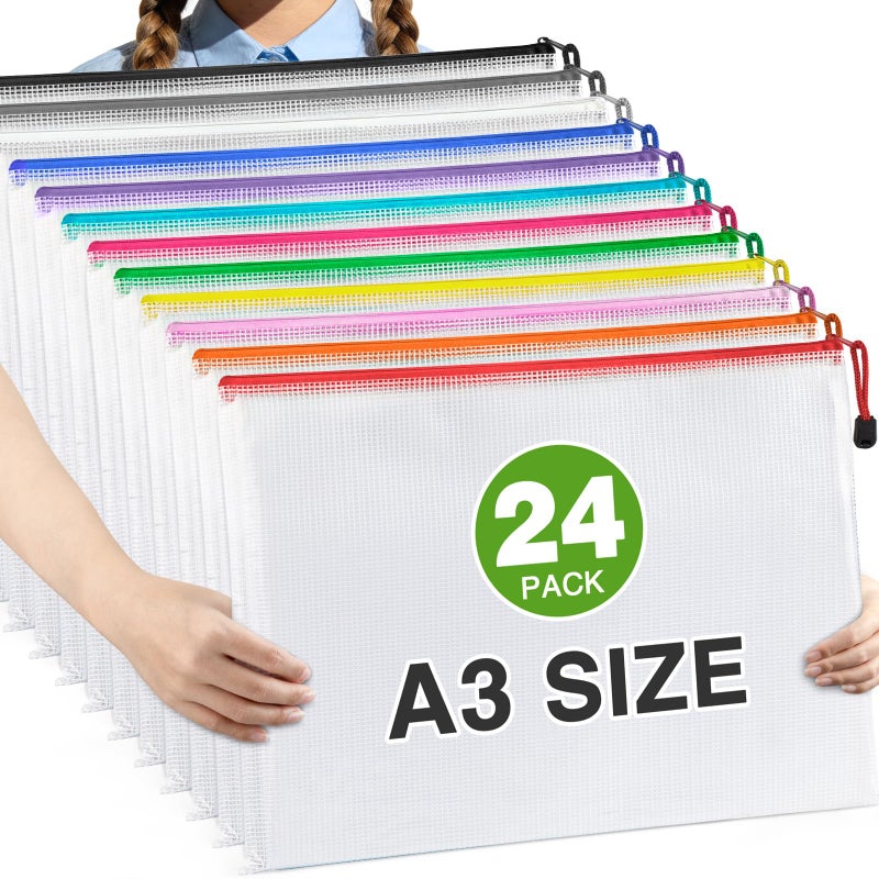 Umriox 24 Pack 12 Colors Zipper Pouches for Organizing, A3 Size (16.9 x 12.4), Big Mesh Bags, Zipper Bags for Puzzles & Board Game Storage, Office Supplies Travel Toiletries - Image 1
