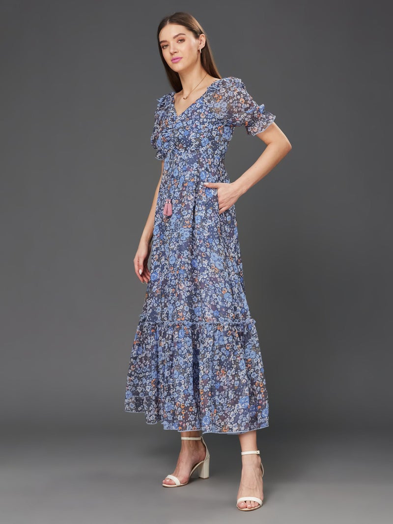 Miss Chase Women's V-Neck Puff Sleeve Floral Ruching Ankle Length Dress with Pockets (Plus (MCAW21D06-35-178-04, Multicolored-Base-Navy Blue, M) - Image 3