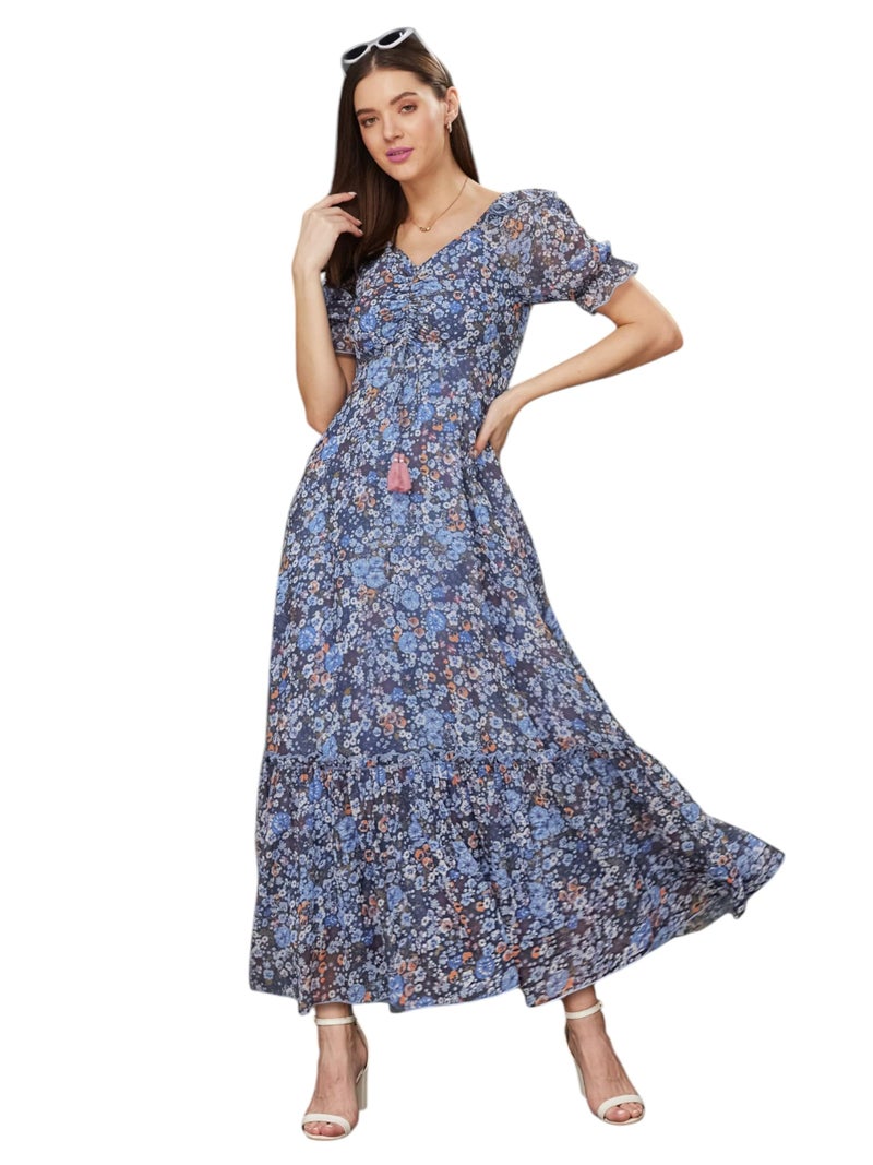 Miss Chase Women's V-Neck Puff Sleeve Floral Ruching Ankle Length Dress with Pockets (Plus (MCAW21D06-35-178-04, Multicolored-Base-Navy Blue, M) - Image 1