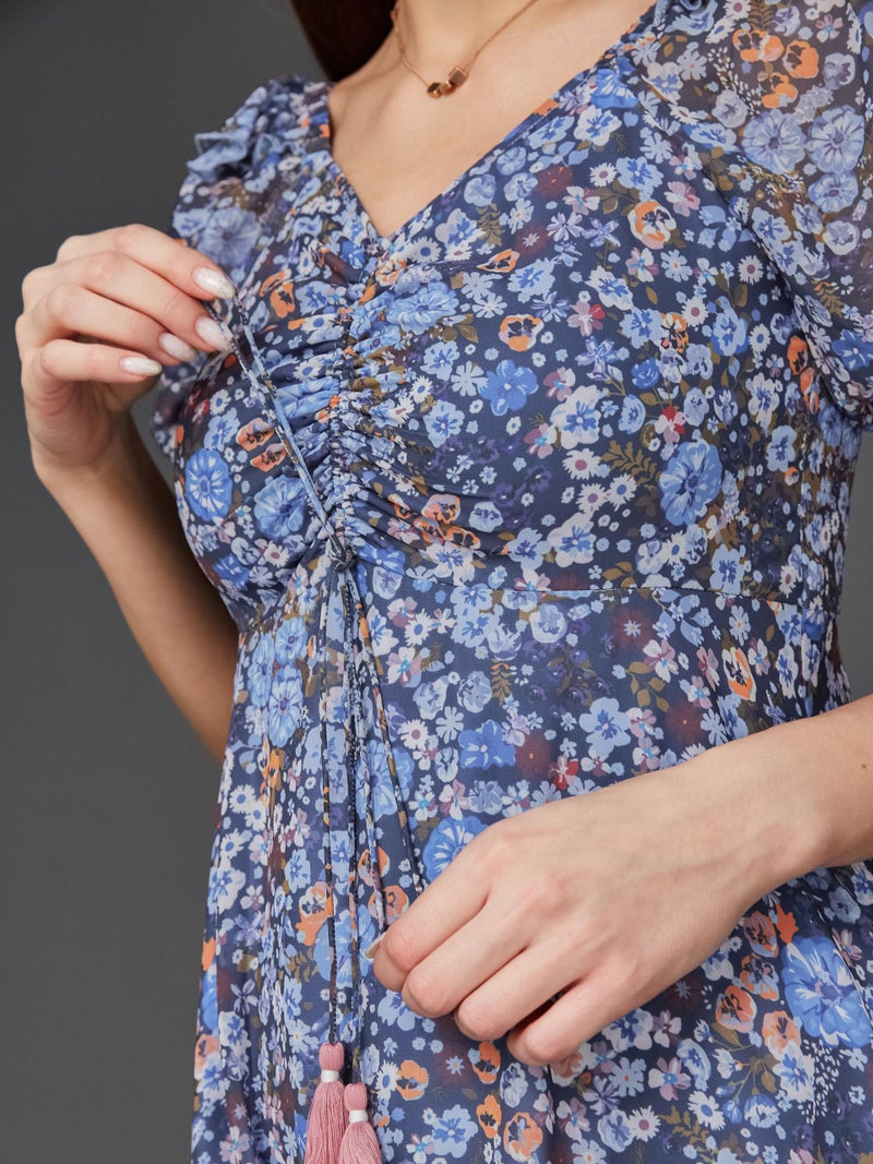 Miss Chase Women's V-Neck Puff Sleeve Floral Ruching Ankle Length Dress with Pockets (Plus (MCAW21D06-35-178-04, Multicolored-Base-Navy Blue, M) - Image 5