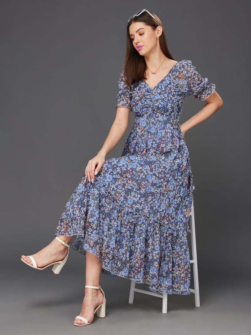 Miss Chase Women's V-Neck Puff Sleeve Floral Ruching Ankle Length Dress with Pockets (Plus (MCAW21D06-35-178-04, Multicolored-Base-Navy Blue, M) - Image 2