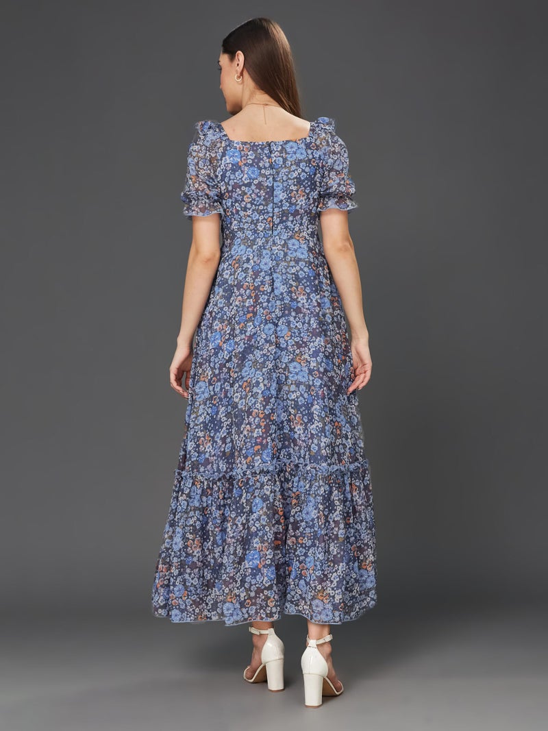 Miss Chase Women's V-Neck Puff Sleeve Floral Ruching Ankle Length Dress with Pockets (Plus (MCAW21D06-35-178-04, Multicolored-Base-Navy Blue, M) - Image 4