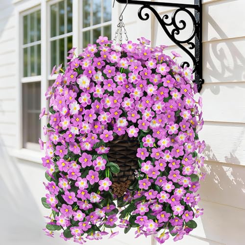 HyeFlora Artificial Fake Hanging Flowers with Basket for Outdoor DecorationUV Resistant Faux Silk Daisy Flowers Light Fuchsia Orchid Vines in Planter Realistic Hanging Baskets for Home Porch Garden - Image 1