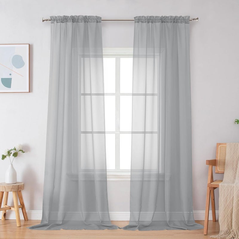 SimpleBrand Light Grey Sheer Curtains 96 Inches Long, Light Filtering Silver Grey Rod Pocket Solid Color Window Sheer Curtain Panels, Elegant Curtains & Drapes for Living Room, Bedroom 2 Panels, 42" W - Image 1