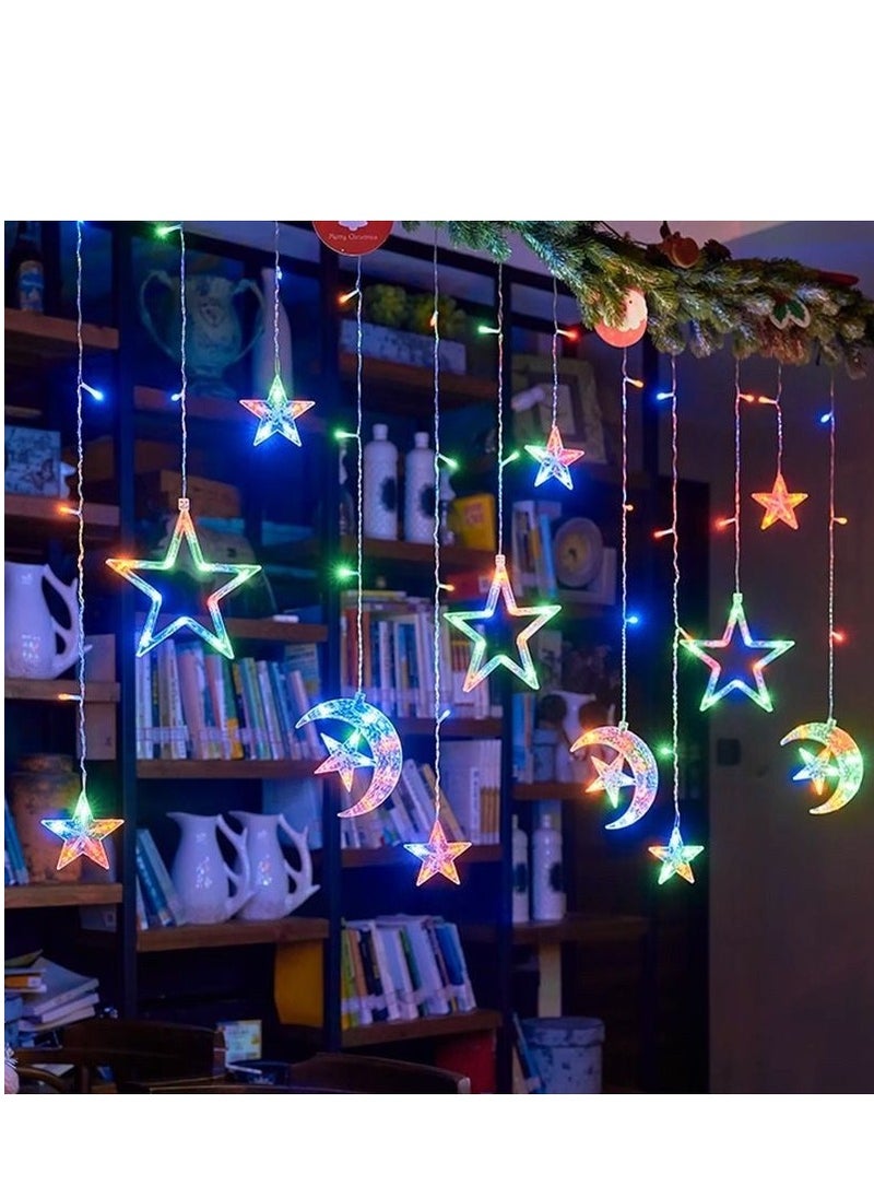 Generic Decorative LED String Light - Curtain | Solar & USB Dual-Powered Fairy Lights for Indoor and Outdoor | Home Decoration in Ramadan, Eid | Hanging Lights for Bedroom Décor | Battery Operated Moon Star Pattern 3.5M Multicolor  - Image 1