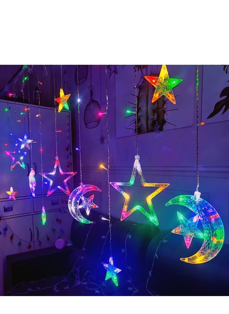 Generic Decorative LED String Light - Curtain | Solar & USB Dual-Powered Fairy Lights for Indoor and Outdoor | Home Decoration in Ramadan, Eid | Hanging Lights for Bedroom Décor | Battery Operated Moon Star Pattern 3.5M Multicolor  - Image 2