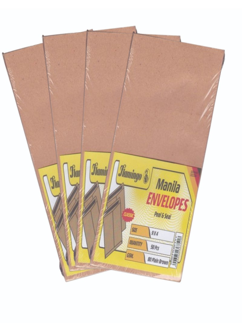 Flamingo Manila Brown Peel & Seal Envelope 9"(L) x 4"(W), Pack of 50 pcs, 80gsm - Image 1