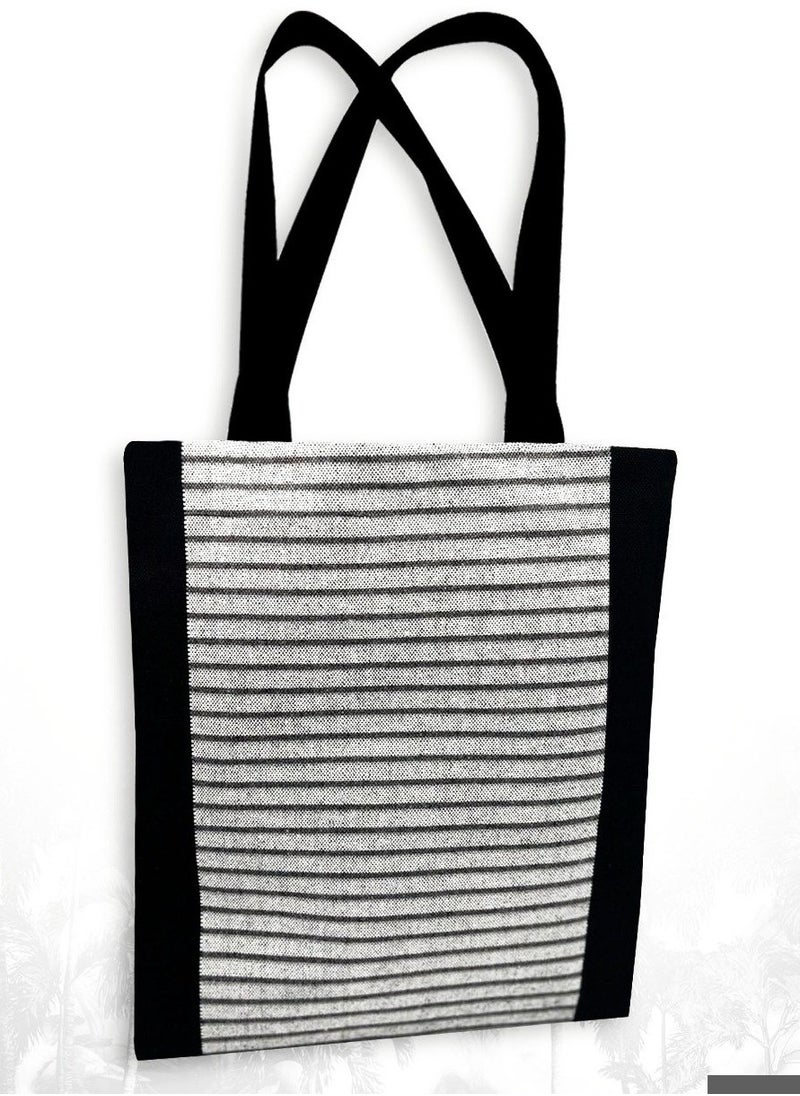 Gharibo Bags - Black lines casual printed linen tote bag - Image 1