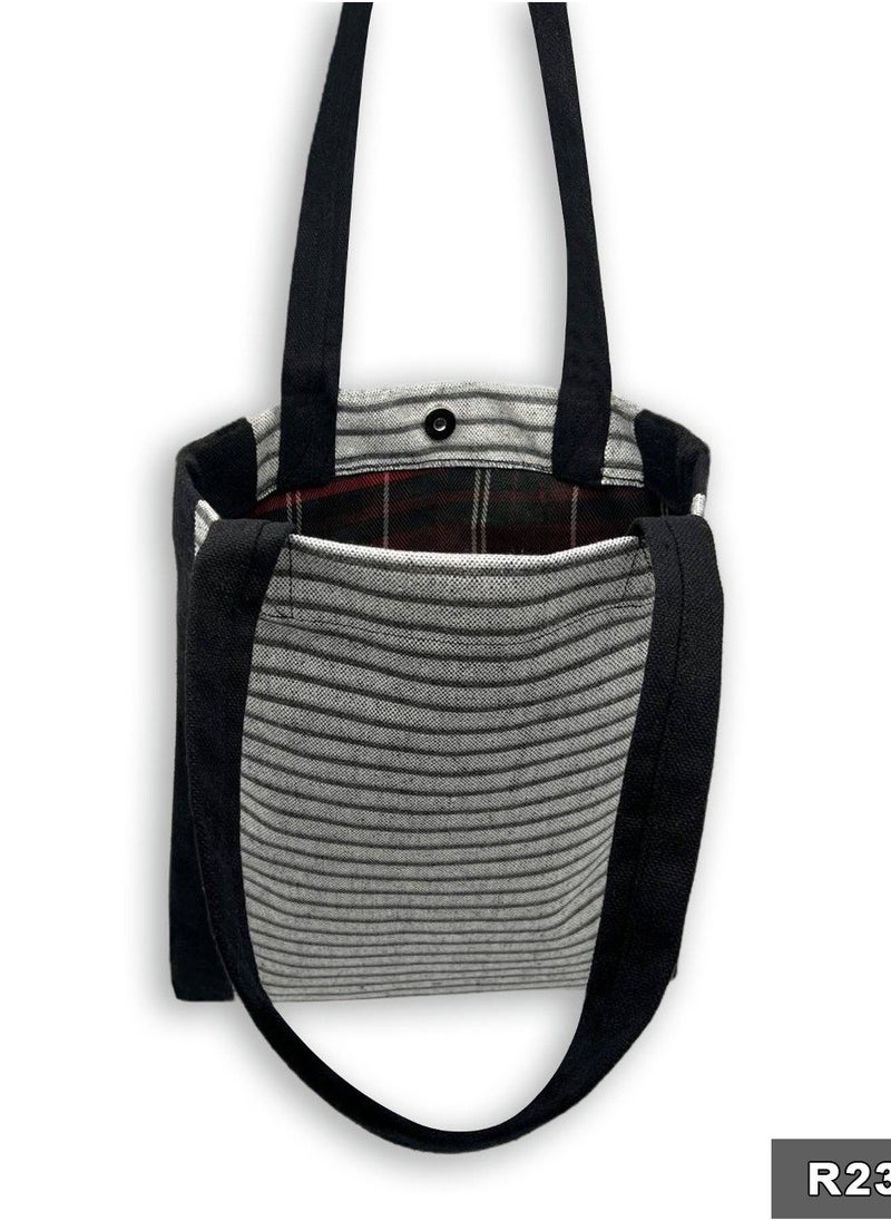 Gharibo Bags - Black lines casual printed linen tote bag - Image 1