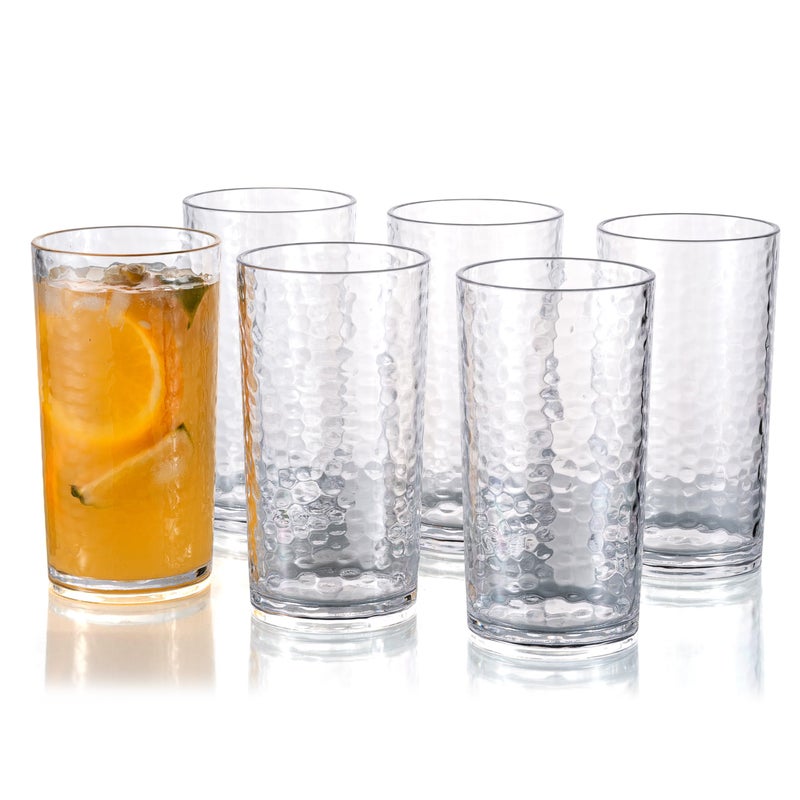 KXWARE 20ounce Acrylic Glasses Plastic Tumbler set of 6 Clear  Hammered Style Dishwasher Safe BPA Free
