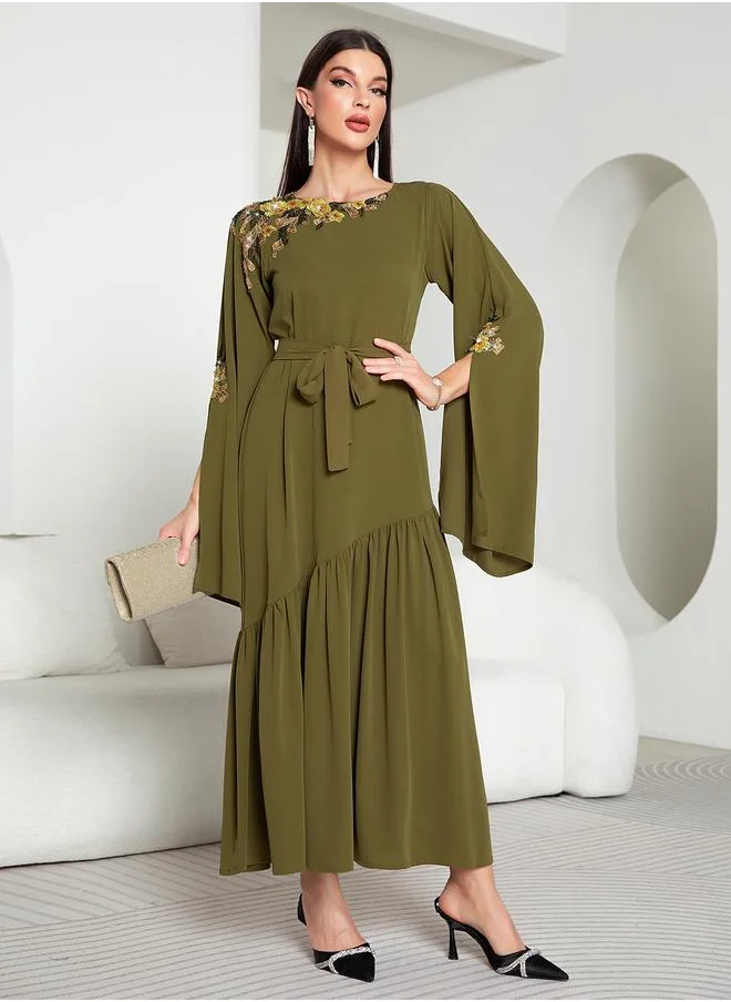 تايك تو Take Two Floral Embroidery Split Sleeve Ruffle Hem Belted Maxi Dress