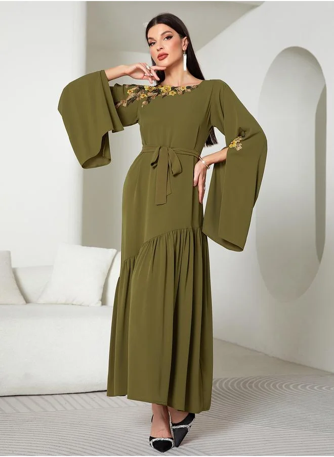 تايك تو Take Two Floral Embroidery Split Sleeve Ruffle Hem Belted Maxi Dress