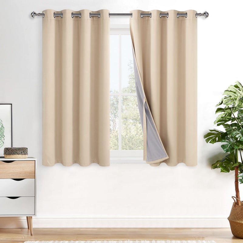 XWZO 100% Blackout Curtain Panels - Double Layer Full Room Darkening & Energy Efficiency Grommet Window Panels with Tiebacks for Bedroom/Living Room  Biscotti Beige  W52 x L45  Set of 2 - Image 1