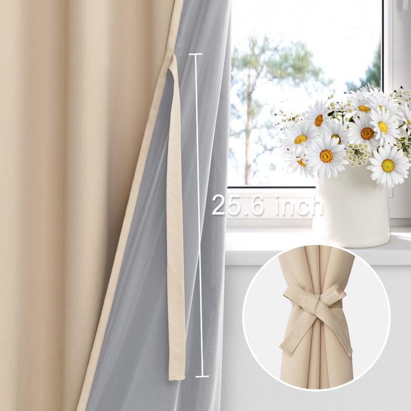 XWZO 100% Blackout Curtain Panels - Double Layer Full Room Darkening & Energy Efficiency Grommet Window Panels with Tiebacks for Bedroom/Living Room  Biscotti Beige  W52 x L45  Set of 2 - Image 3
