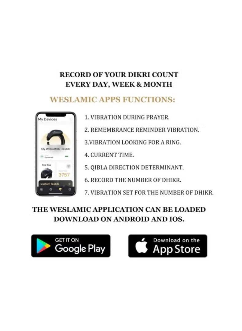 WESLAMIC iTasbih (Salam) Smart Ring, OLED Display, Zikr Counter, Prayer Reminders, 2 Adjustable Sizes 18&20mm in Box, Magnet Charging, Waterproof, Bluetooth Enabled - Image 4