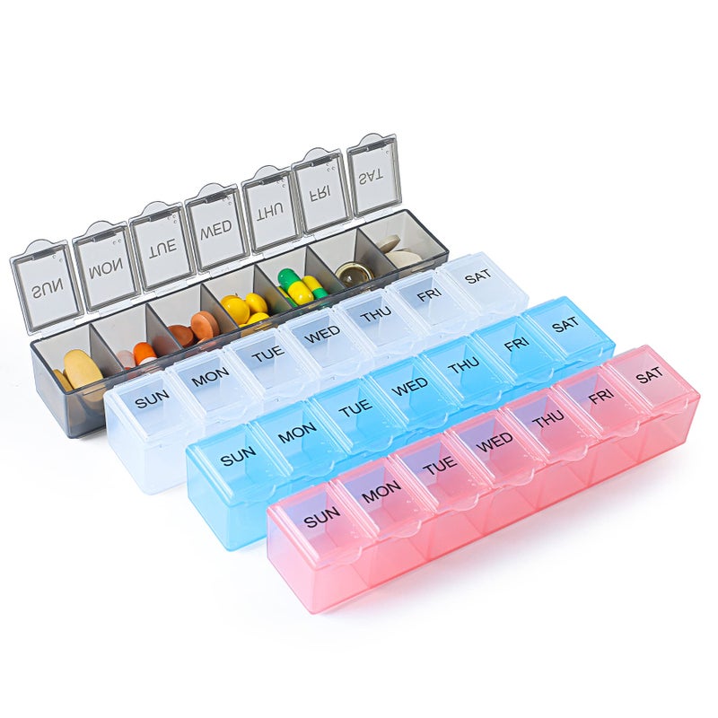 Qeedy 4 Pack Weekly Pill Organizer, 7 Days Pill Case Travel Daily Pill Box Portable Medicine Organizer and Planner with Compartment for Vitamins, Fish Oil, Supplements and Medication (4 Colors) - Image 1