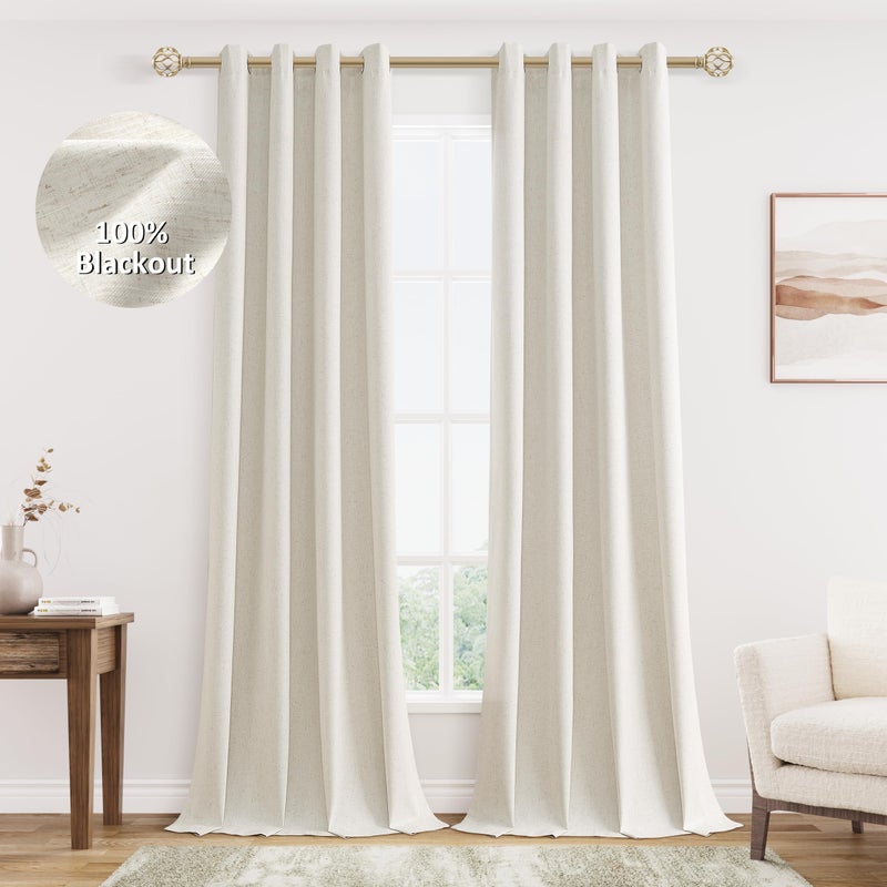 Jowels الستائر من الكتان Jowels Cream Linen Blackout 102 طول 2 لوحات لغرفة المعيشة غرفة نوم 100 ٪ أسود من الكتان المعزول الحراري الغرفة الستائر الحلقات 102 بوصات طويلة البيج - Image 1