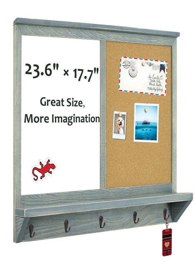 TORASO لوحة الكتابة الجافة ولوحة الفلين من TORASO، لوحة بيضاء ولوحة إعلانات مدمجة، فرز بريد مثبت على الحائط، وخطافات مفاتيح، إطار رمادي عتيق من خشب الصنوبر الصلب (Mail BB-GY-4560) - Image 1
