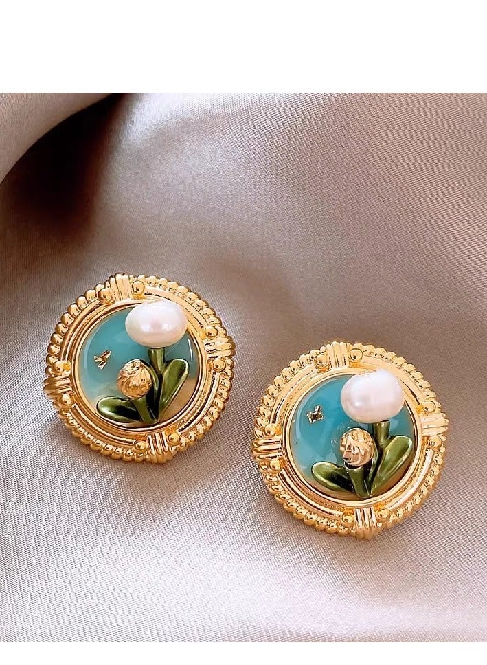 Oil Painting Style Flower Pearl Earrings for Women Vintage Enamel Drip oil Floral Disc Earrings Party Jewelry - Image 1