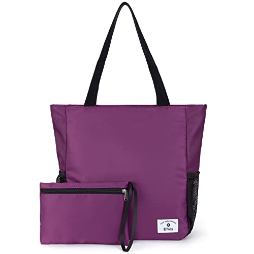 ETidy Large Capacity Foldable Tote Bag With Zipper Water-resistant Sandproof Women Beach Handbag Gym Travel Shopping Bag (Purple) - Image 1