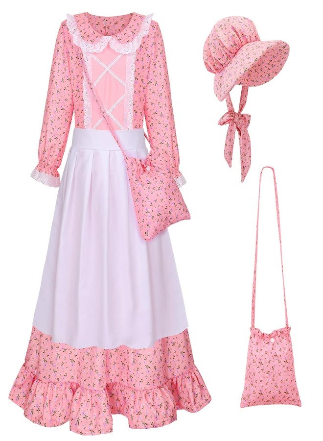 Meland Pioneer Dress for Girls, Colonial Floral Costume with Bonnet Apron & Purse, Dress Up Clothes for Girls Ages 5-13 (Pink, 8-10 Years) - Image 1