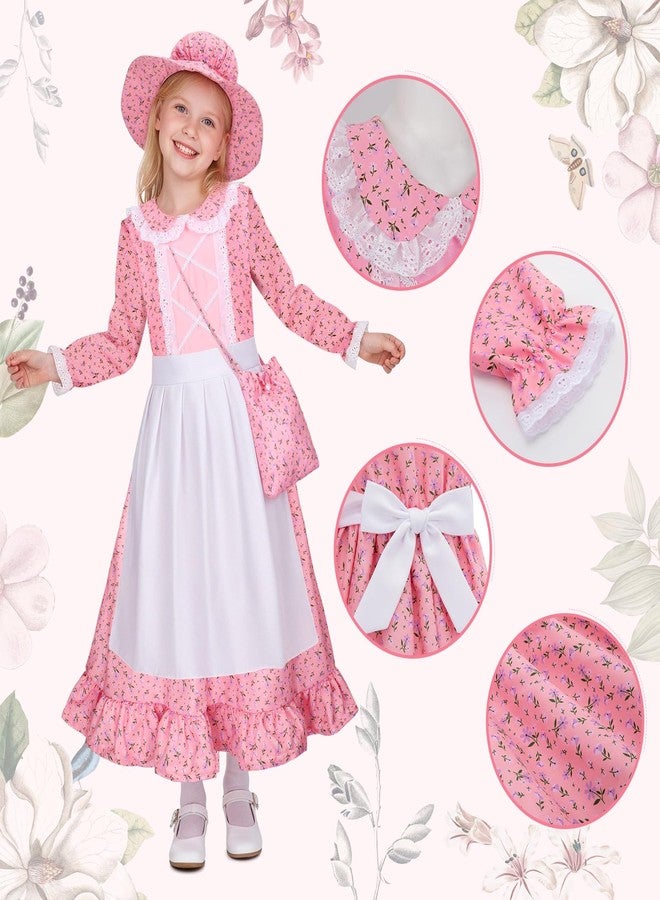 Meland Pioneer Dress for Girls, Colonial Floral Costume with Bonnet Apron & Purse, Dress Up Clothes for Girls Ages 5-13 (Pink, 8-10 Years) - Image 3
