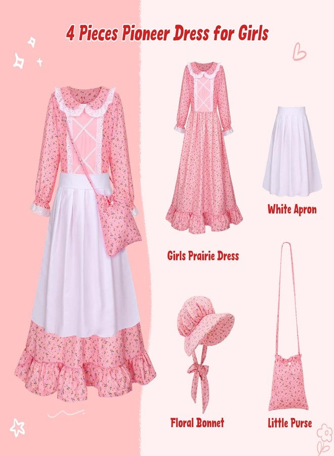 Meland Pioneer Dress for Girls, Colonial Floral Costume with Bonnet Apron & Purse, Dress Up Clothes for Girls Ages 5-13 (Pink, 8-10 Years) - Image 2