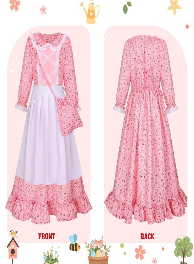 Meland Pioneer Dress for Girls, Colonial Floral Costume with Bonnet Apron & Purse, Dress Up Clothes for Girls Ages 5-13 (Pink, 8-10 Years) - Image 4