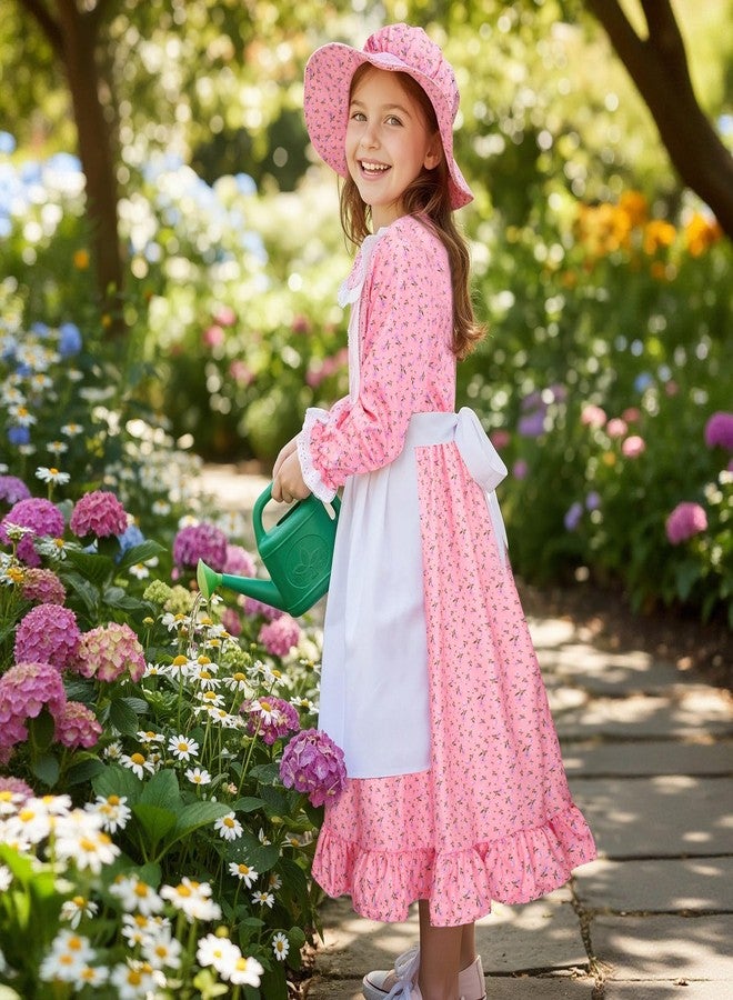 Meland Pioneer Dress for Girls, Colonial Floral Costume with Bonnet Apron & Purse, Dress Up Clothes for Girls Ages 5-13 (Pink, 8-10 Years) - Image 5