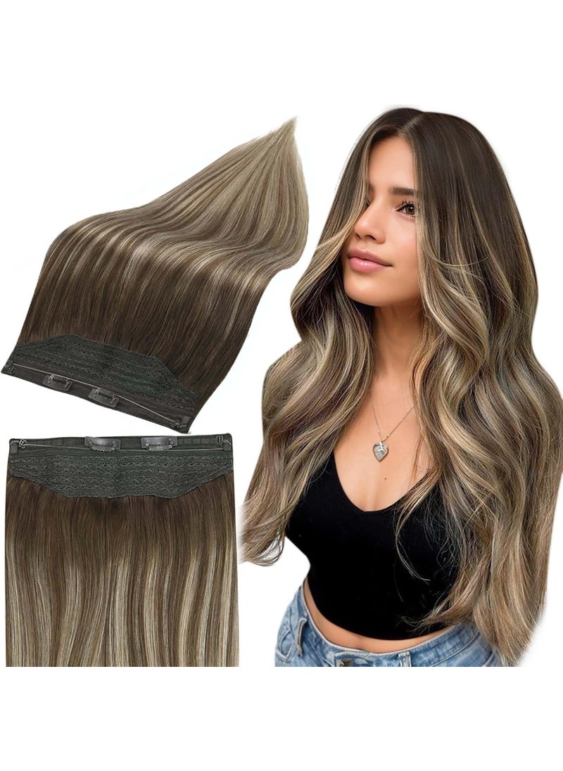 Full Shine Full Shine Wire Hair Extensions Real Human Hair, Dark Brown to Walnut Brown Mixed Honey Blonde Wire Hair Extensions, Secret Headband Wire Human Hair, One Piece Fish Line Hair Clip Ins, 12Inch 70g 