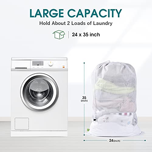 OTraki 2 Pcs Large Mesh Laundry Bags 24X36 Inch Heavy Duty Drawstring Laundry Wash Bag, Dirty Clothes Laundry Hamper Liner Machine Washable Storage Bag for Travel Dorm Camp Hotel Beach White - Image 2