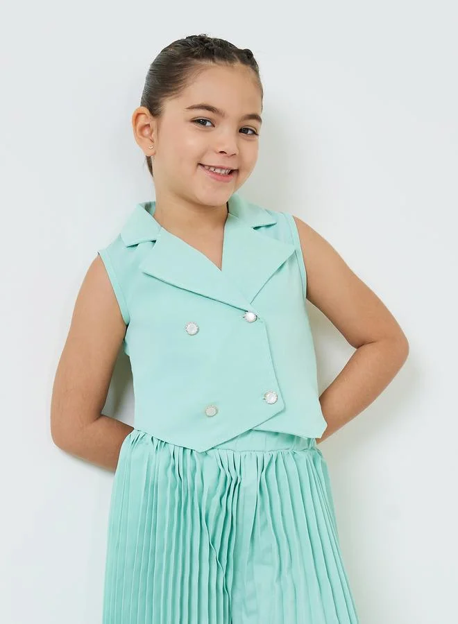 Styli Girls Green Sleeveless Waistcoat And Pleated Trousers Set