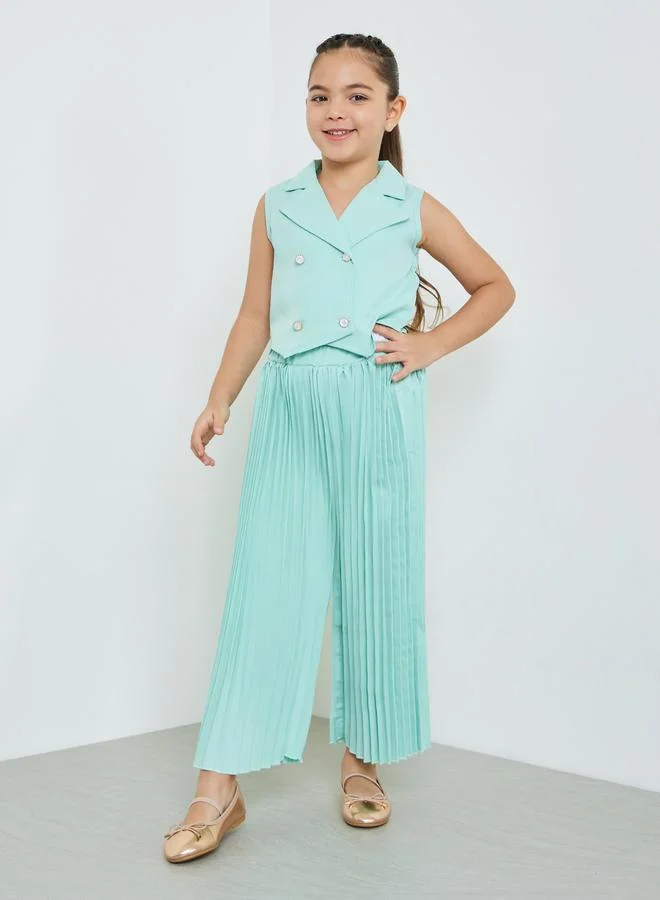 Styli Girls Green Sleeveless Waistcoat And Pleated Trousers Set
