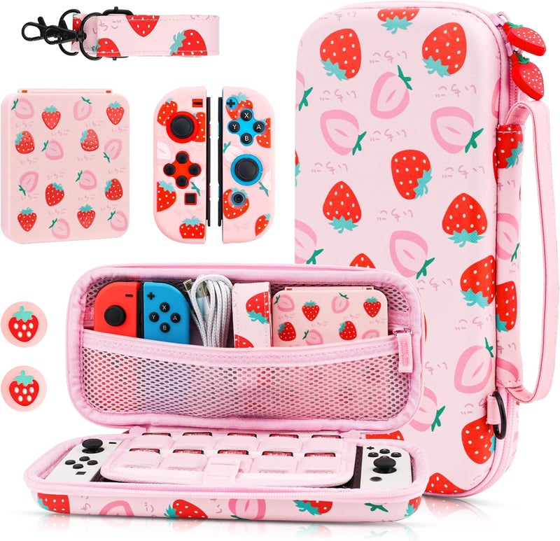 GLDRAM Carrying Case for Nintendo Switch & OLED, Accessories Bundle with Portable Travel Case, 2 Joycon TPU Protective Skin, Game Case, Adjustable Shoulder Strap and 2 Strawberry Thumb Caps, Pink - Image 1